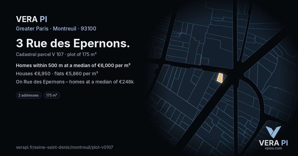 3 Rue des Epernons, Montreuil at night – the plot lit, the parcels around coloured by the prices near them