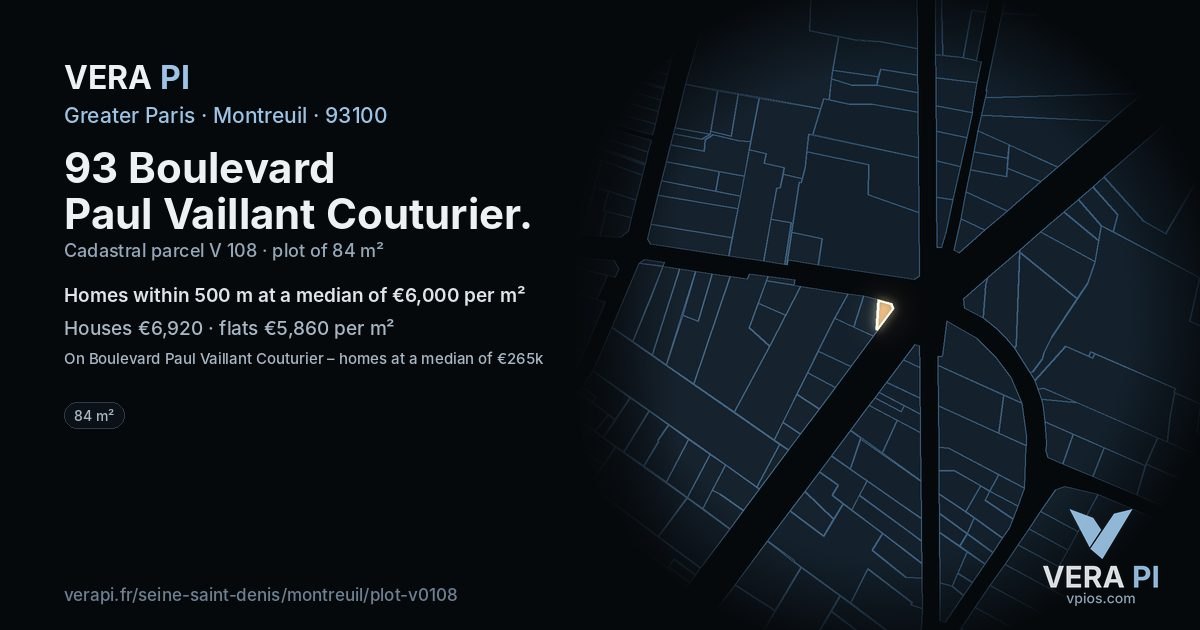 93 Boulevard Paul Vaillant Couturier, Montreuil at night – the plot lit, the parcels around coloured by the prices near them
