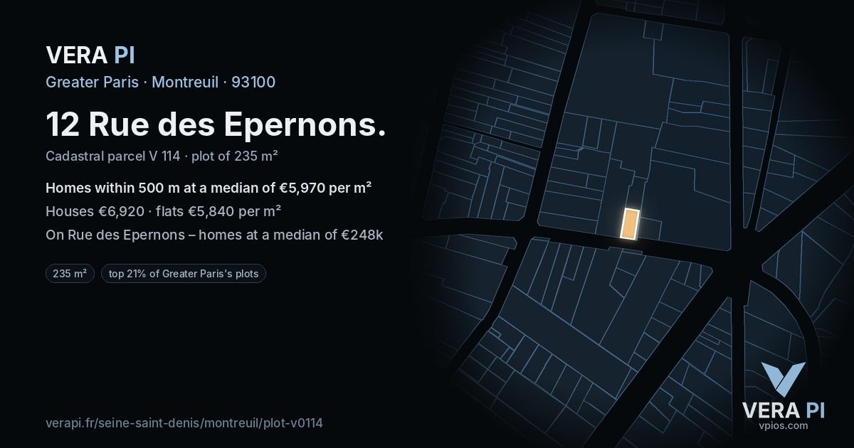12 Rue des Epernons, Montreuil at night – the plot lit, the parcels around coloured by the prices near them