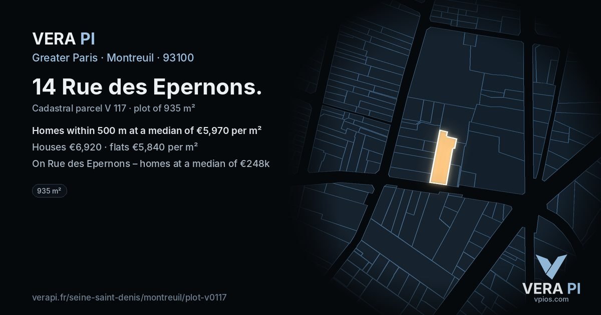 14 Rue des Epernons, Montreuil at night – the plot lit, the parcels around coloured by the prices near them