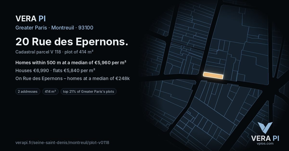 20 Rue des Epernons, Montreuil at night – the plot lit, the parcels around coloured by the prices near them