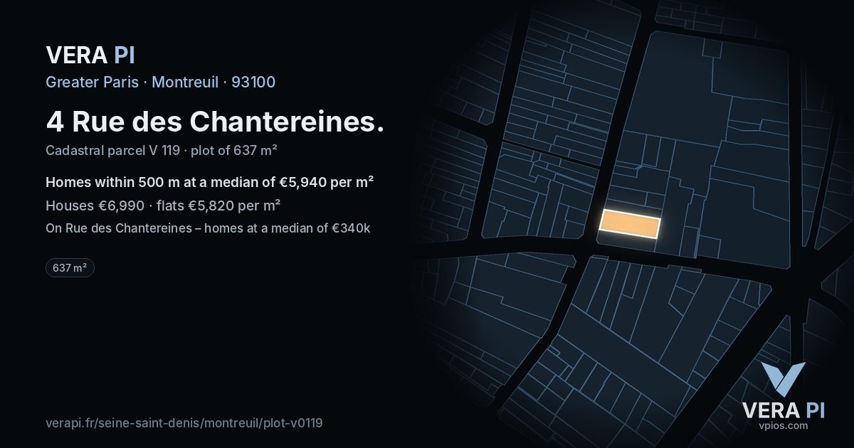 4 Rue des Chantereines, Montreuil at night – the plot lit, the parcels around coloured by the prices near them