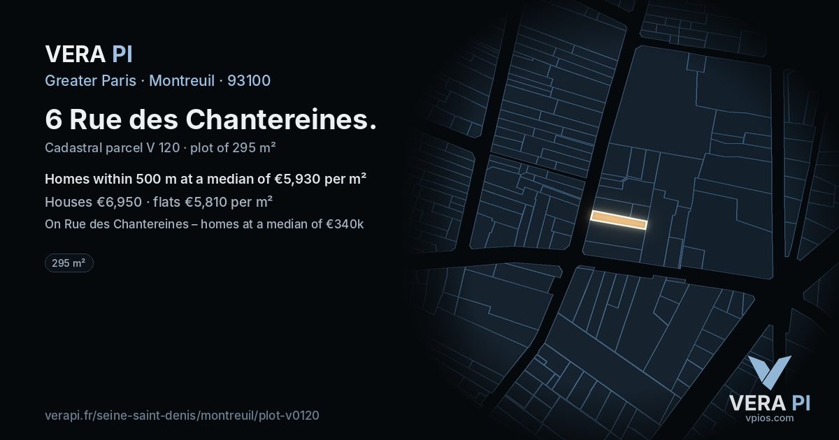 6 Rue des Chantereines, Montreuil at night – the plot lit, the parcels around coloured by the prices near them