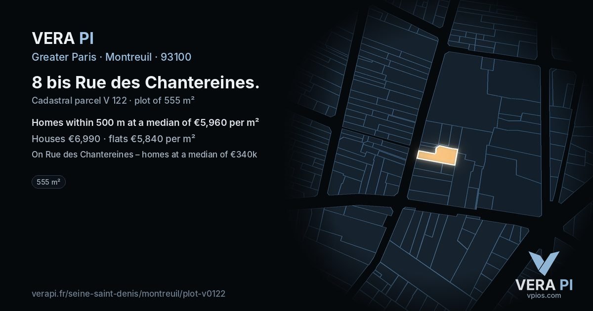 8 bis Rue des Chantereines, Montreuil at night – the plot lit, the parcels around coloured by the prices near them