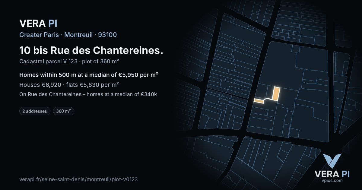 10 bis Rue des Chantereines, Montreuil at night – the plot lit, the parcels around coloured by the prices near them