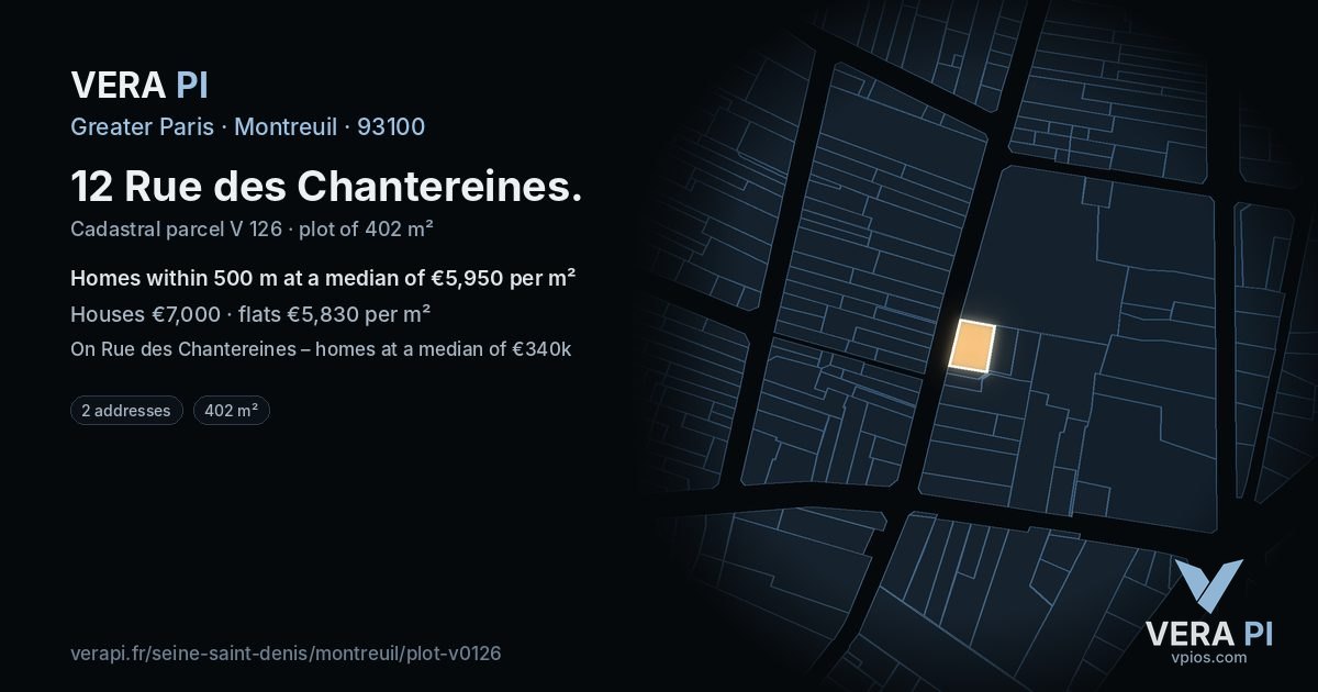 12 Rue des Chantereines, Montreuil at night – the plot lit, the parcels around coloured by the prices near them
