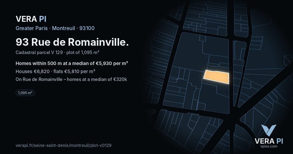 93 Rue de Romainville, Montreuil at night – the plot lit, the parcels around coloured by the prices near them
