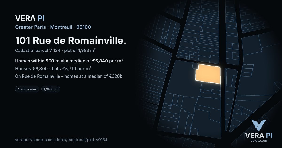 101 Rue de Romainville, Montreuil at night – the plot lit, the parcels around coloured by the prices near them