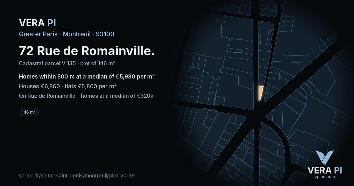 72 Rue de Romainville, Montreuil at night – the plot lit, the parcels around coloured by the prices near them
