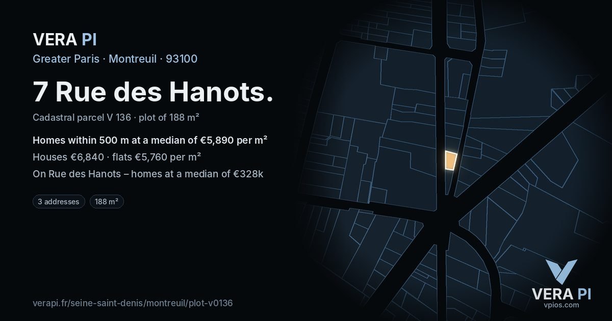 7 Rue des Hanots, Montreuil at night – the plot lit, the parcels around coloured by the prices near them
