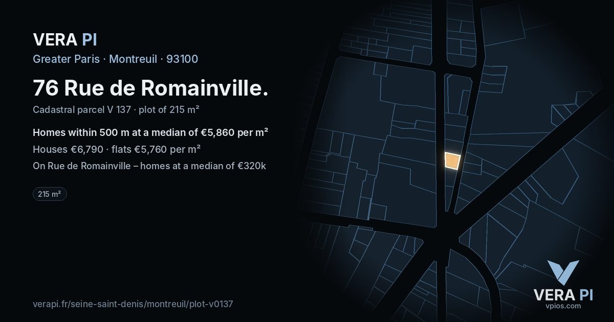 76 Rue de Romainville, Montreuil at night – the plot lit, the parcels around coloured by the prices near them