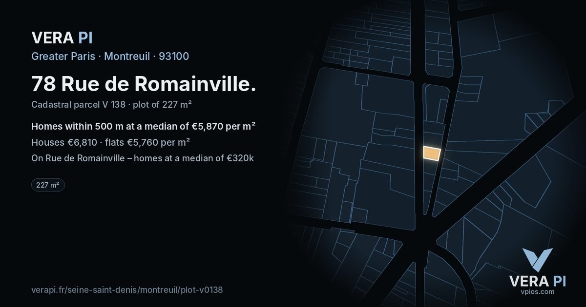 78 Rue de Romainville, Montreuil at night – the plot lit, the parcels around coloured by the prices near them