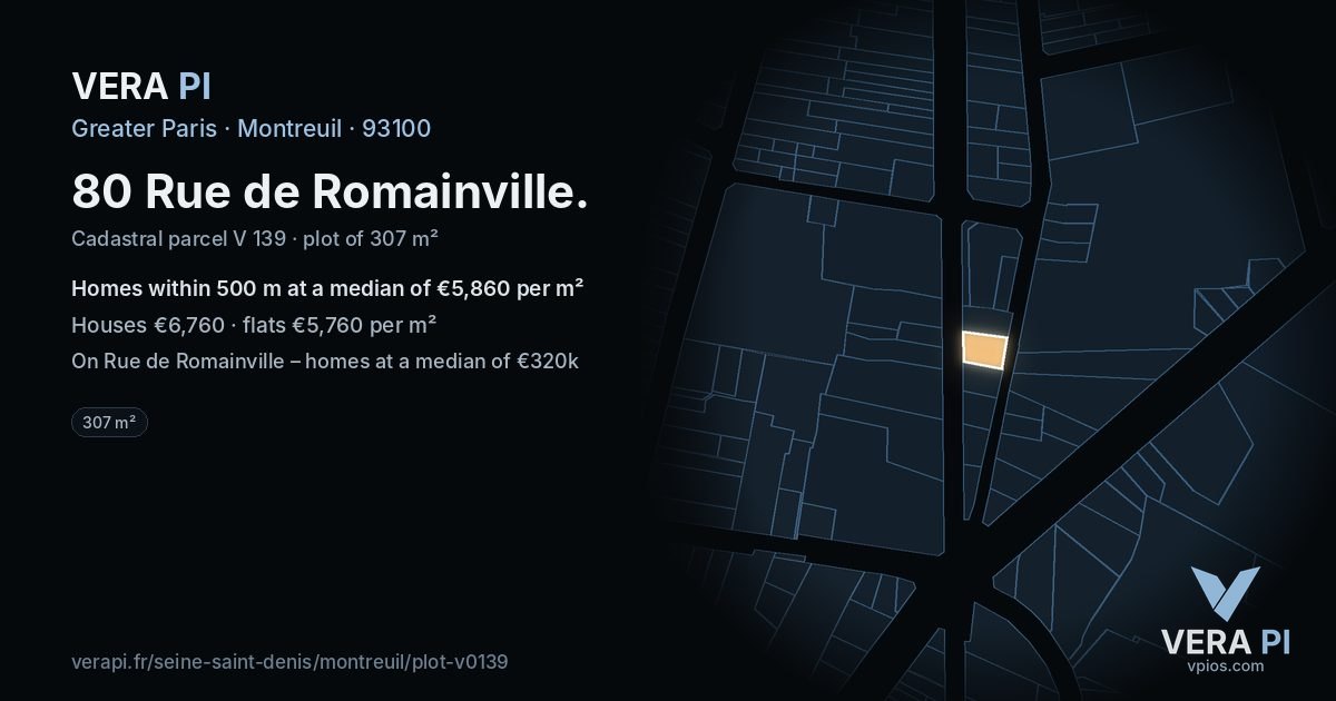 80 Rue de Romainville, Montreuil at night – the plot lit, the parcels around coloured by the prices near them