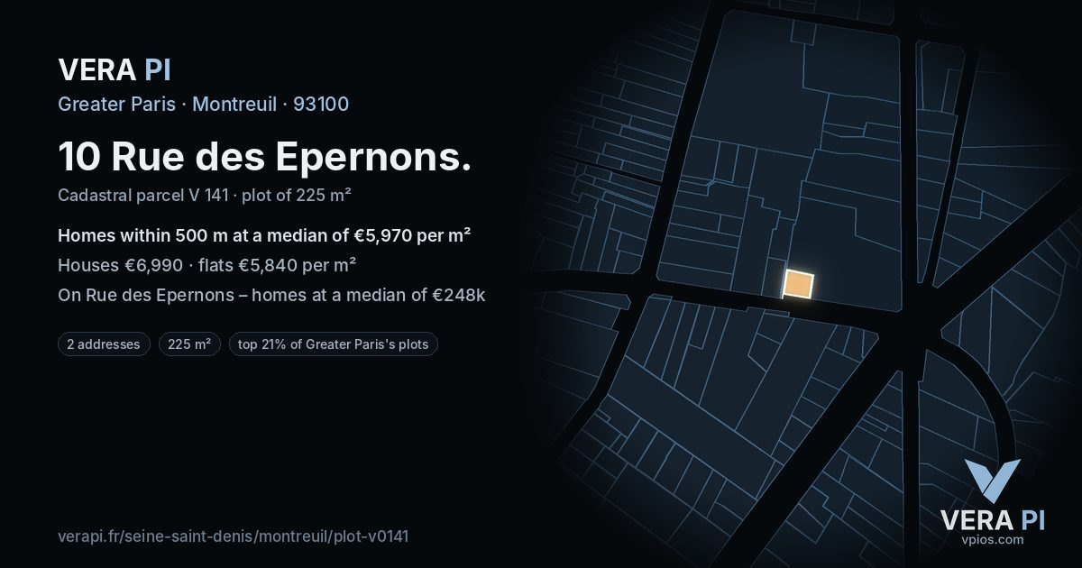10 Rue des Epernons, Montreuil at night – the plot lit, the parcels around coloured by the prices near them