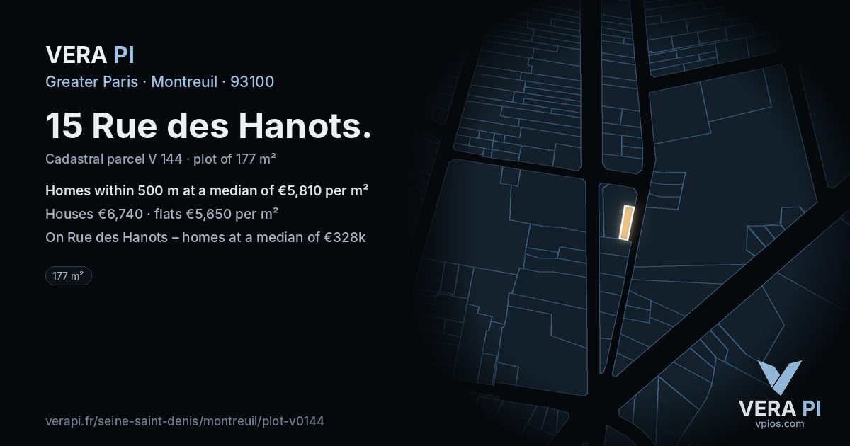 15 Rue des Hanots, Montreuil at night – the plot lit, the parcels around coloured by the prices near them