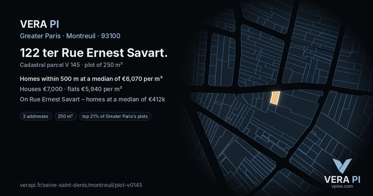 122 ter Rue Ernest Savart, Montreuil at night – the plot lit, the parcels around coloured by the prices near them
