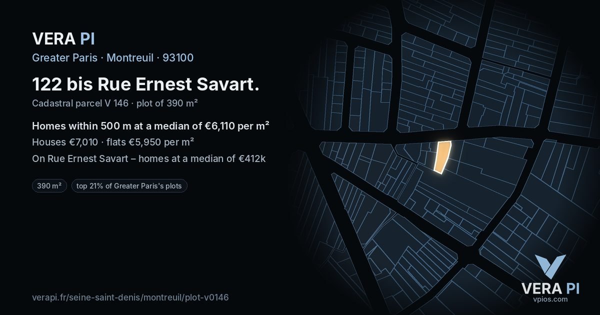 122 bis Rue Ernest Savart, Montreuil at night – the plot lit, the parcels around coloured by the prices near them