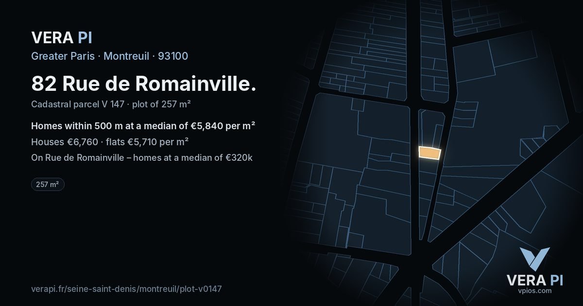 82 Rue de Romainville, Montreuil at night – the plot lit, the parcels around coloured by the prices near them