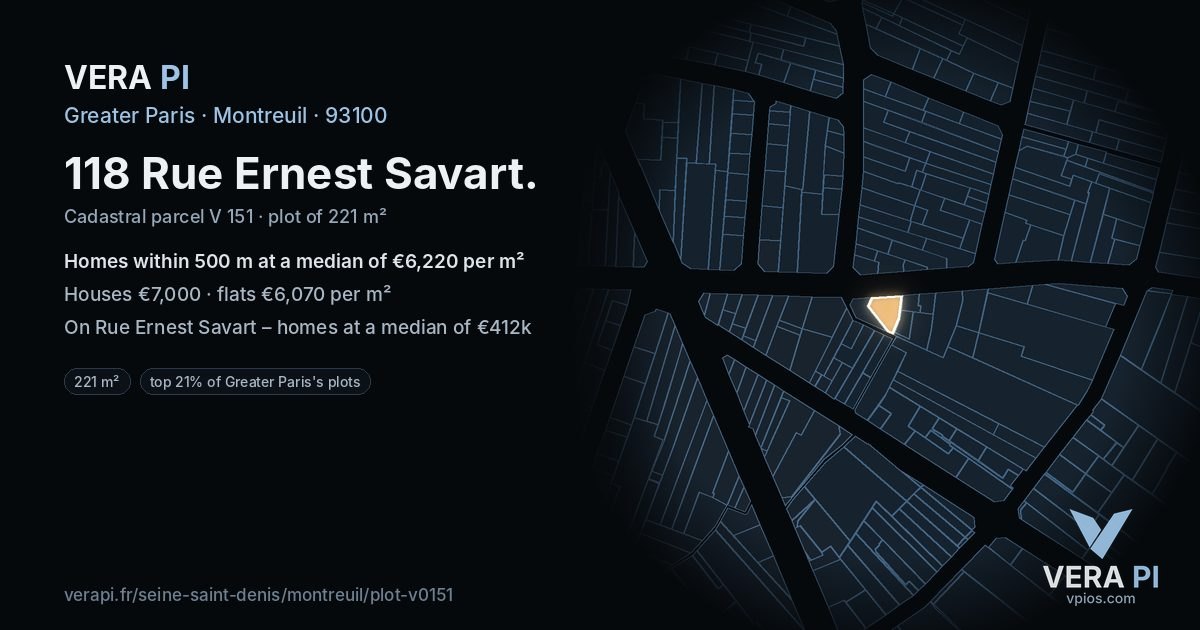 118 Rue Ernest Savart, Montreuil at night – the plot lit, the parcels around coloured by the prices near them
