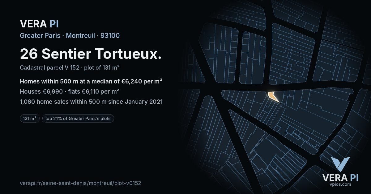 26 Sentier Tortueux, Montreuil at night – the plot lit, the parcels around coloured by the prices near them