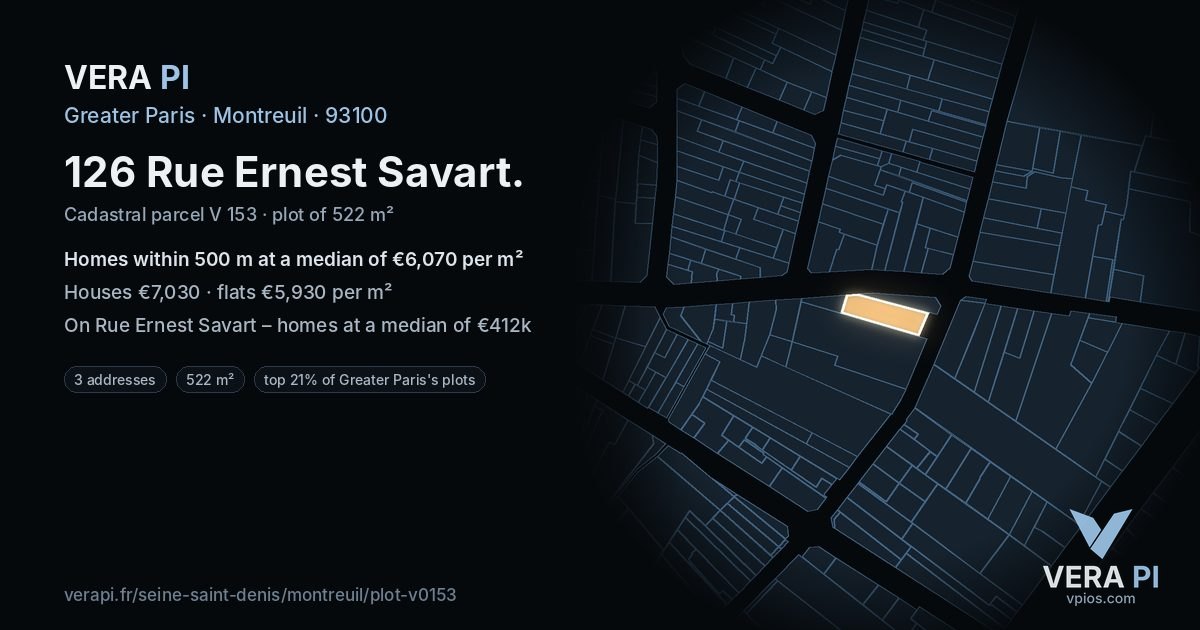 126 Rue Ernest Savart, Montreuil at night – the plot lit, the parcels around coloured by the prices near them