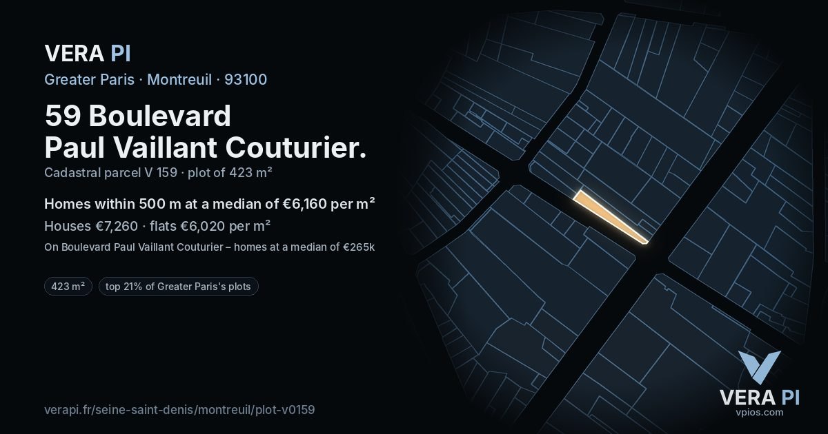 59 Boulevard Paul Vaillant Couturier, Montreuil at night – the plot lit, the parcels around coloured by the prices near them