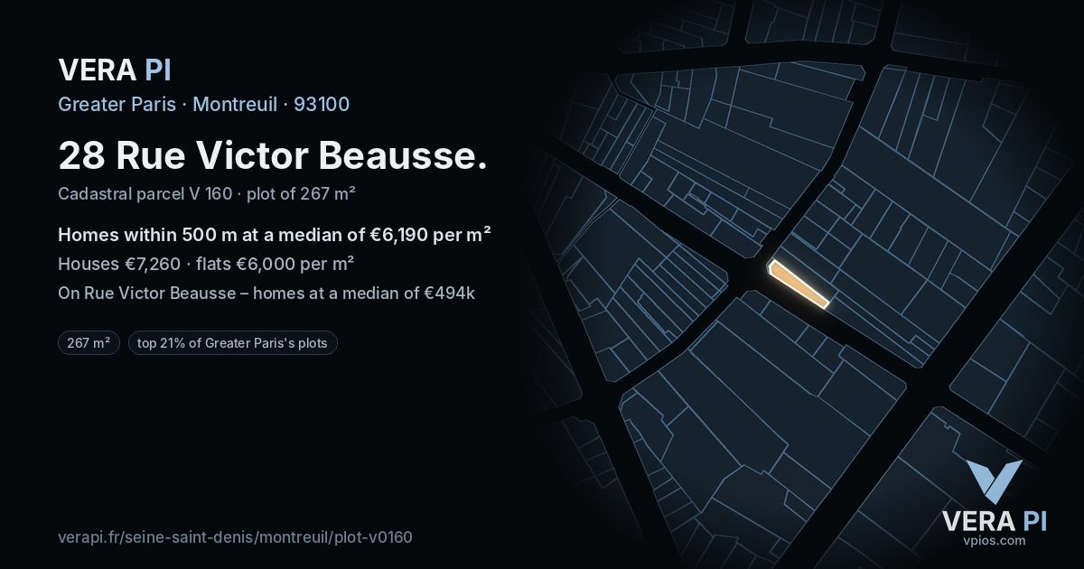 28 Rue Victor Beausse, Montreuil at night – the plot lit, the parcels around coloured by the prices near them