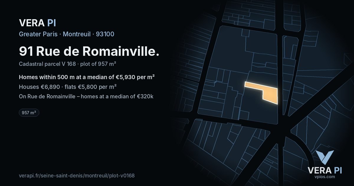 91 Rue de Romainville, Montreuil at night – the plot lit, the parcels around coloured by the prices near them