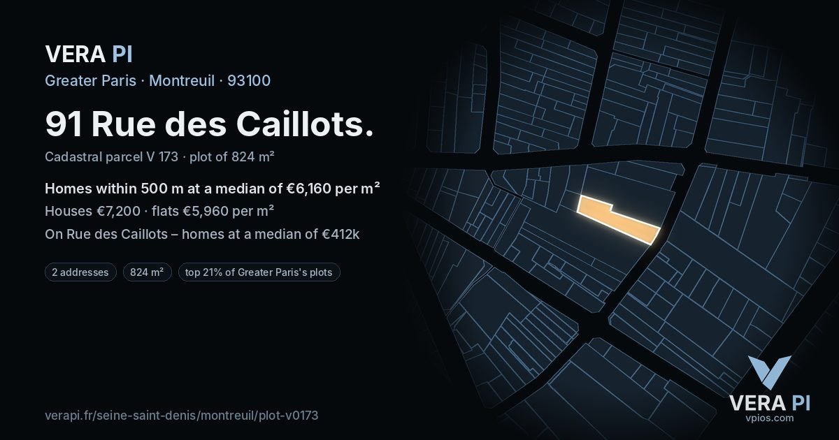 91 Rue des Caillots, Montreuil at night – the plot lit, the parcels around coloured by the prices near them