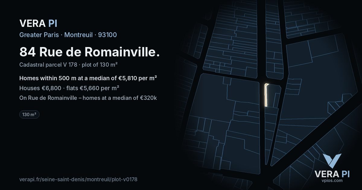 84 Rue de Romainville, Montreuil at night – the plot lit, the parcels around coloured by the prices near them
