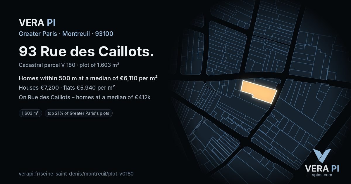 93 Rue des Caillots, Montreuil at night – the plot lit, the parcels around coloured by the prices near them