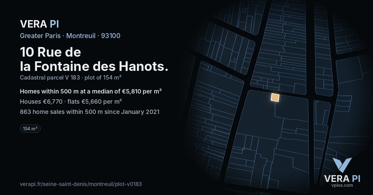 10 Rue de la Fontaine des Hanots, Montreuil at night – the plot lit, the parcels around coloured by the prices near them