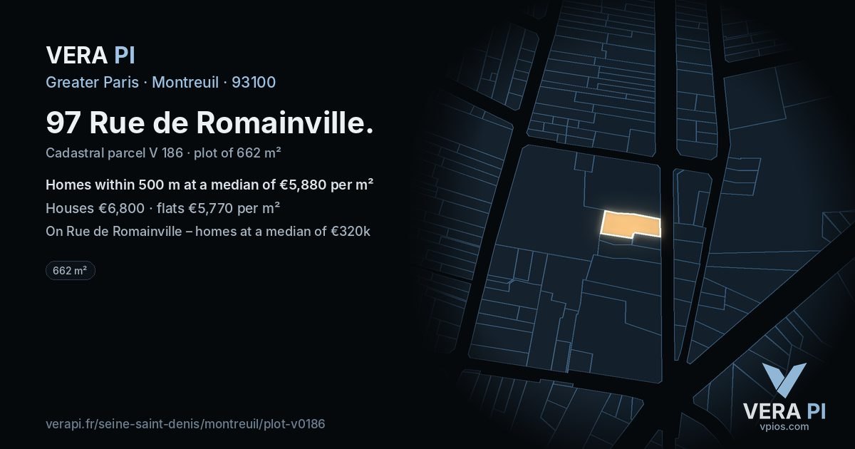 97 Rue de Romainville, Montreuil at night – the plot lit, the parcels around coloured by the prices near them