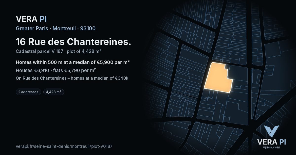 16 Rue des Chantereines, Montreuil at night – the plot lit, the parcels around coloured by the prices near them