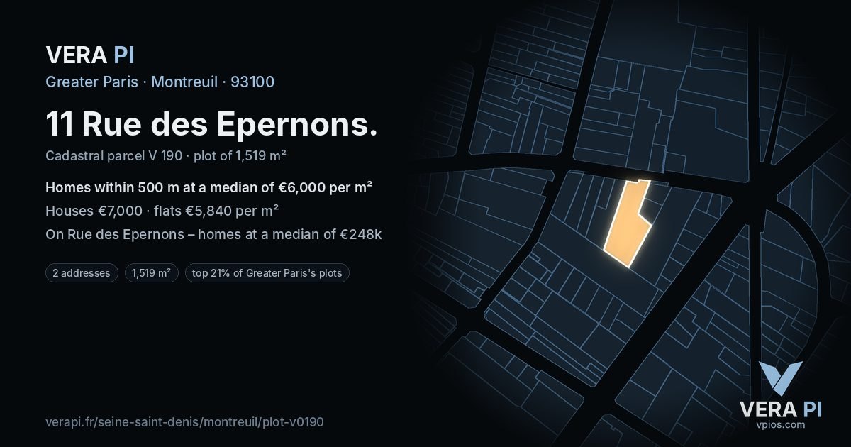 11 Rue des Epernons, Montreuil at night – the plot lit, the parcels around coloured by the prices near them
