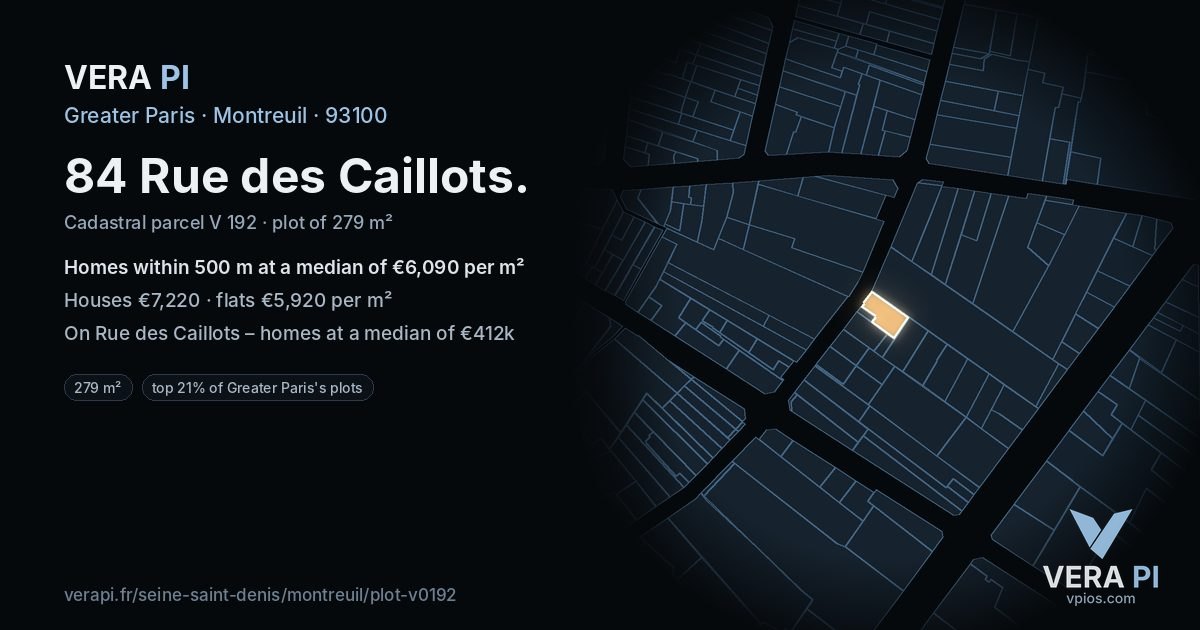 84 Rue des Caillots, Montreuil at night – the plot lit, the parcels around coloured by the prices near them
