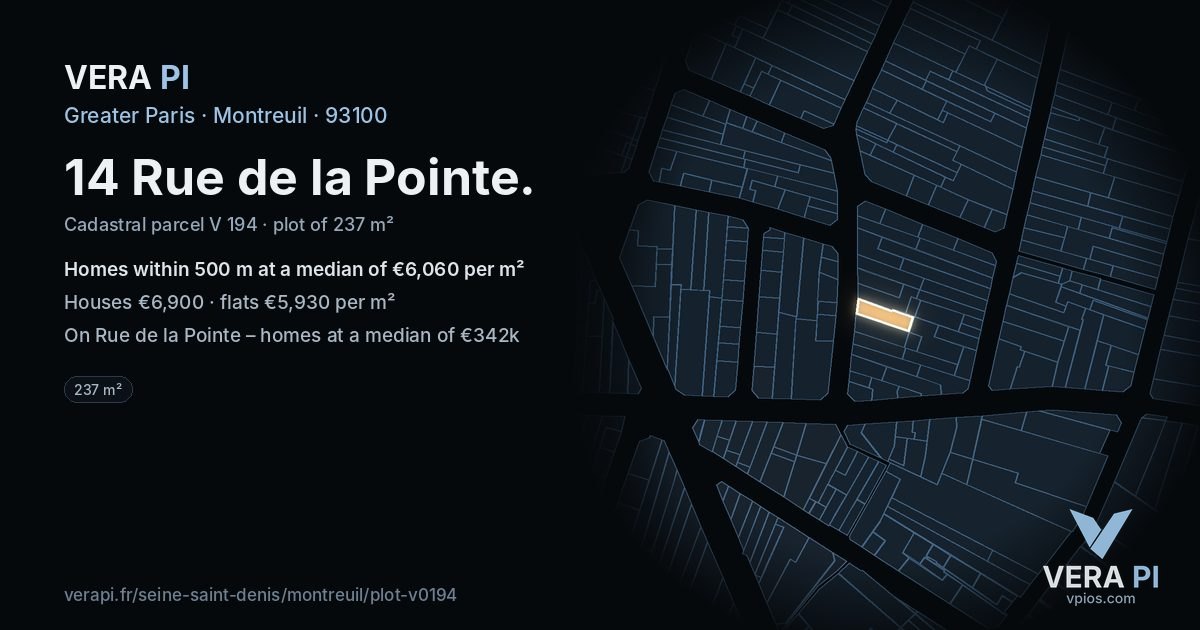 14 Rue de la Pointe, Montreuil at night – the plot lit, the parcels around coloured by the prices near them
