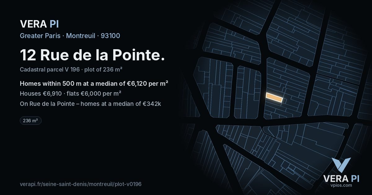 12 Rue de la Pointe, Montreuil at night – the plot lit, the parcels around coloured by the prices near them
