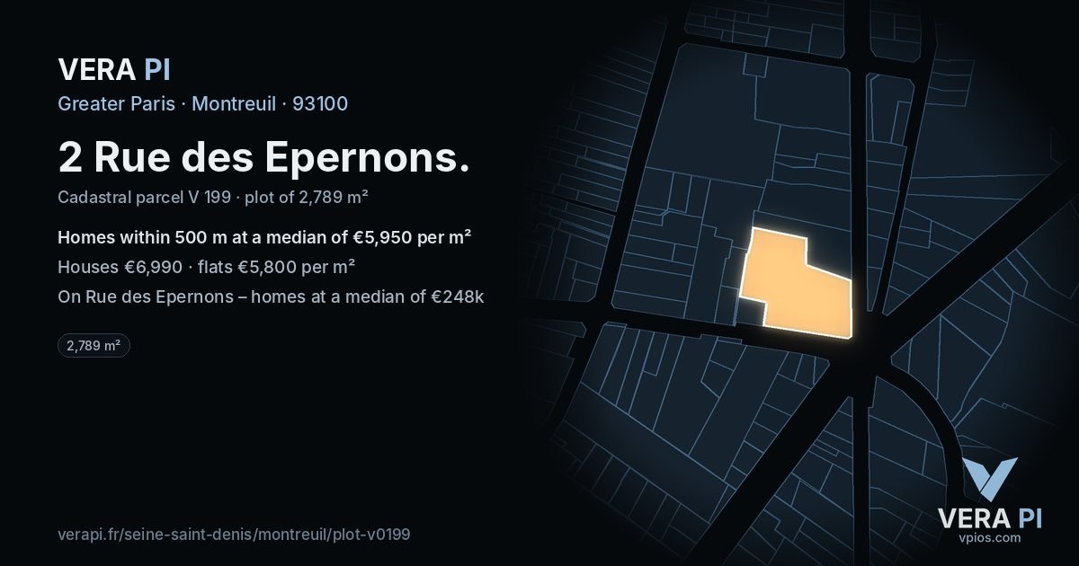 2 Rue des Epernons, Montreuil at night – the plot lit, the parcels around coloured by the prices near them