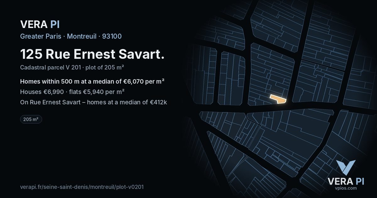 125 Rue Ernest Savart, Montreuil at night – the plot lit, the parcels around coloured by the prices near them
