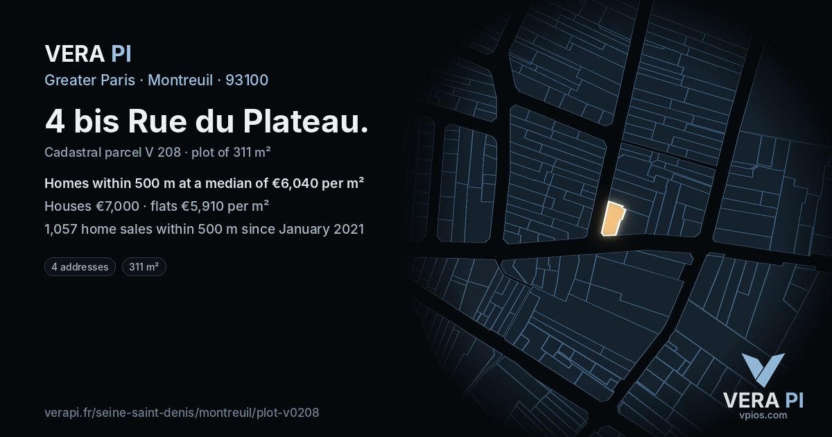 4 bis Rue du Plateau, Montreuil at night – the plot lit, the parcels around coloured by the prices near them