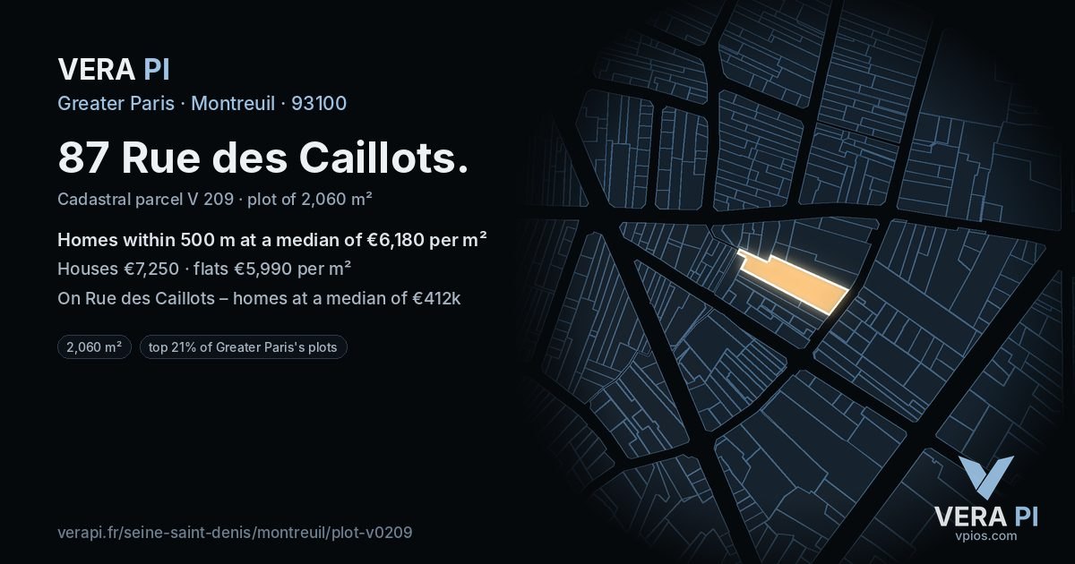 87 Rue des Caillots, Montreuil at night – the plot lit, the parcels around coloured by the prices near them