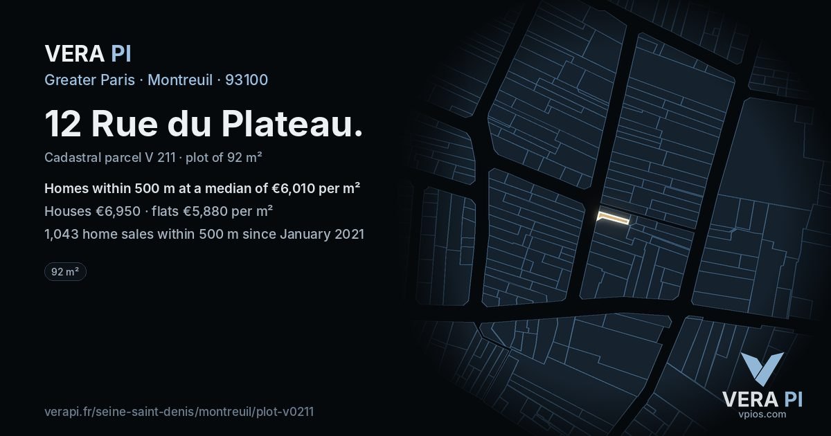 12 Rue du Plateau, Montreuil at night – the plot lit, the parcels around coloured by the prices near them
