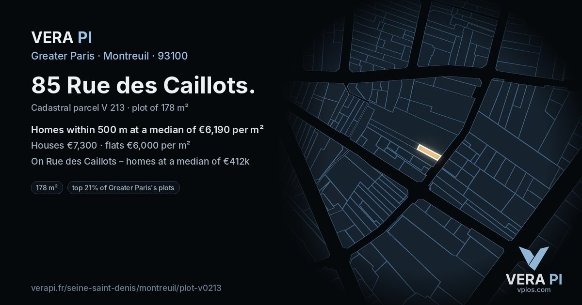85 Rue des Caillots, Montreuil at night – the plot lit, the parcels around coloured by the prices near them