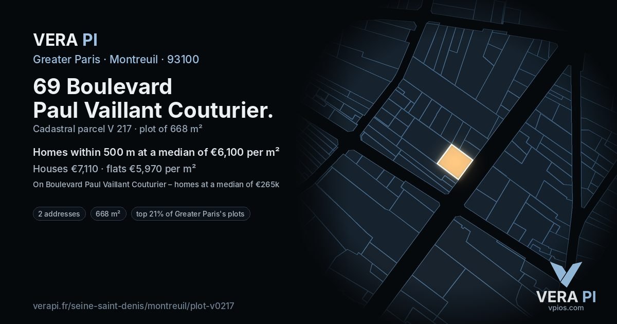69 Boulevard Paul Vaillant Couturier, Montreuil at night – the plot lit, the parcels around coloured by the prices near them