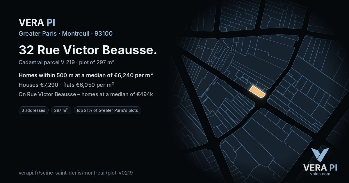32 Rue Victor Beausse, Montreuil at night – the plot lit, the parcels around coloured by the prices near them
