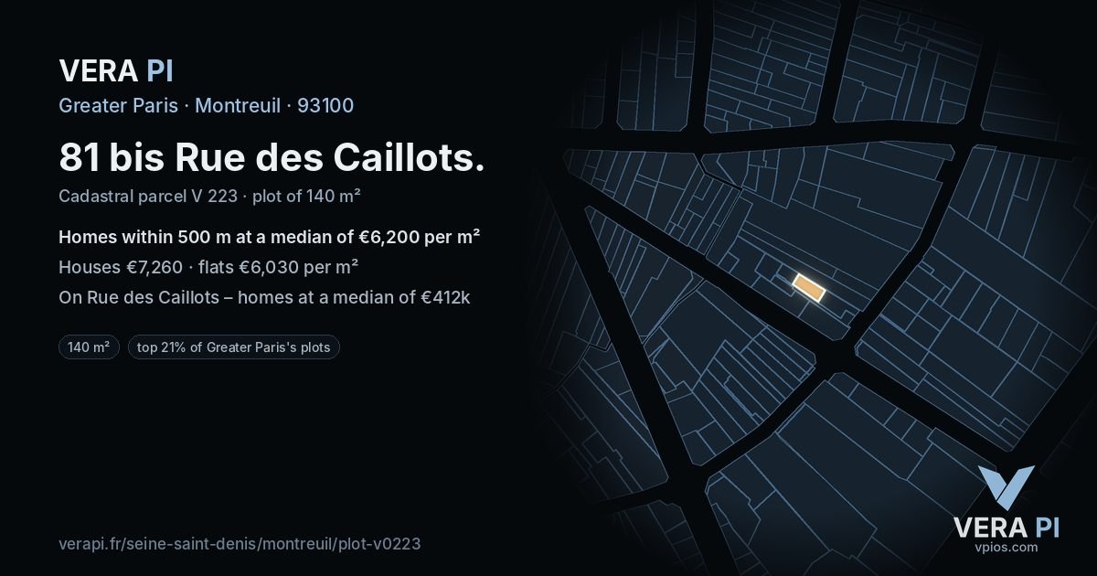 81 bis Rue des Caillots, Montreuil at night – the plot lit, the parcels around coloured by the prices near them