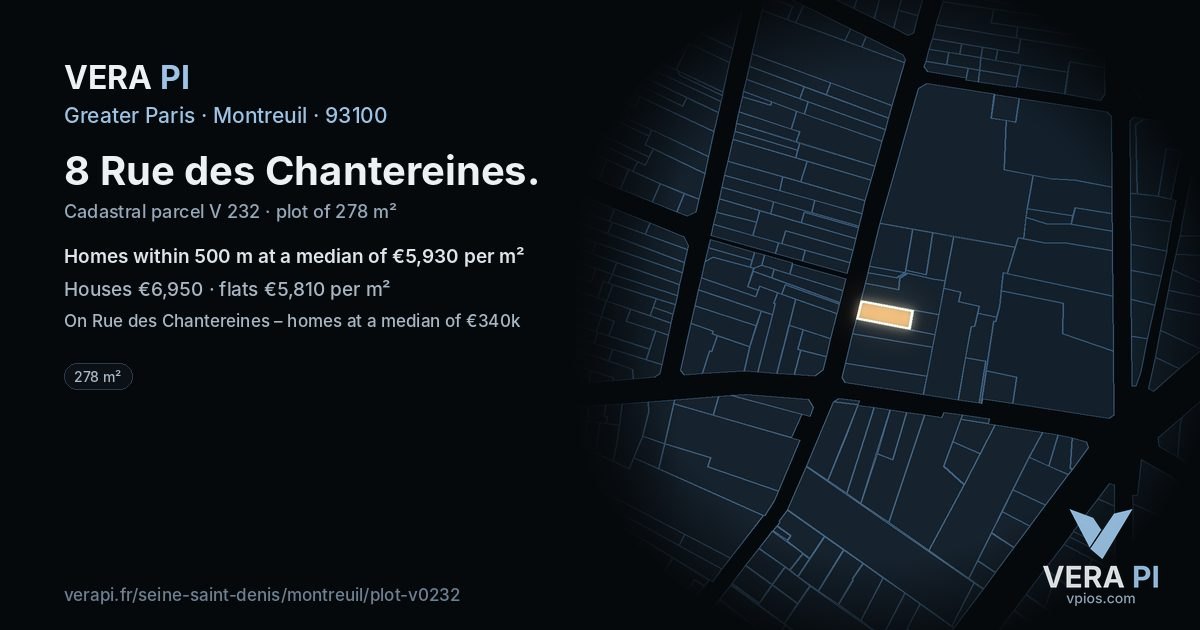 8 Rue des Chantereines, Montreuil at night – the plot lit, the parcels around coloured by the prices near them