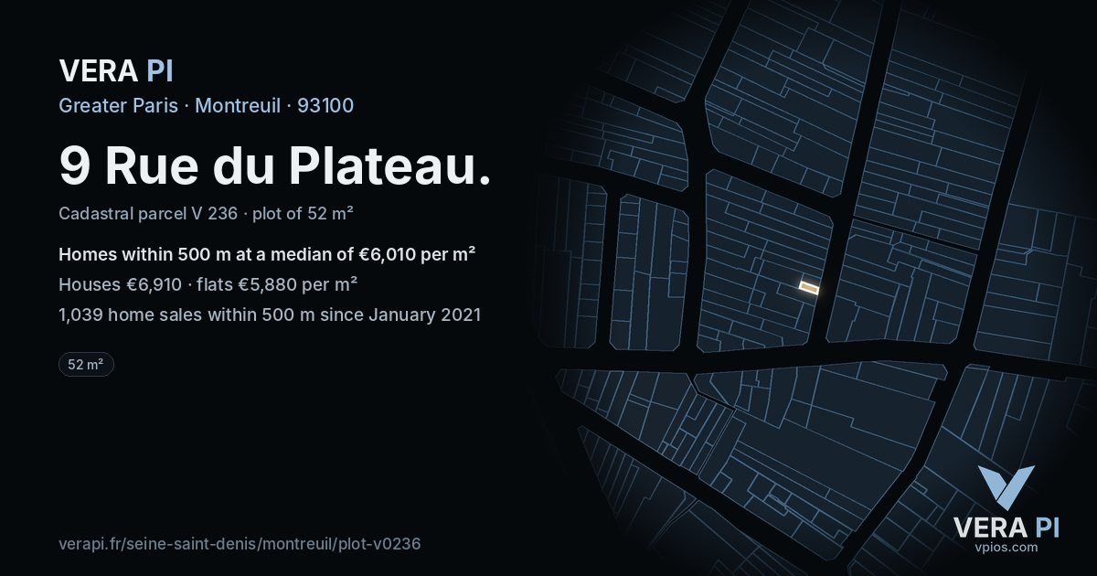 9 Rue du Plateau, Montreuil at night – the plot lit, the parcels around coloured by the prices near them