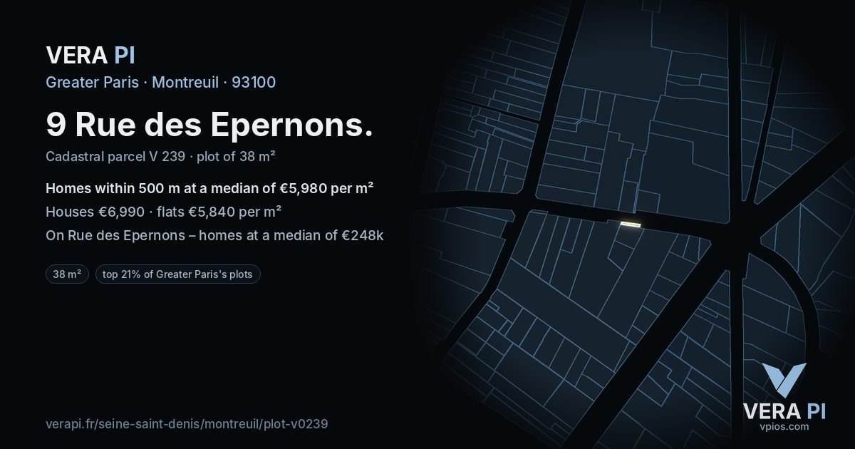9 Rue des Epernons, Montreuil at night – the plot lit, the parcels around coloured by the prices near them